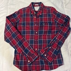 Abercrombie & Fitch Men's Red and Navy Plaid Shirt